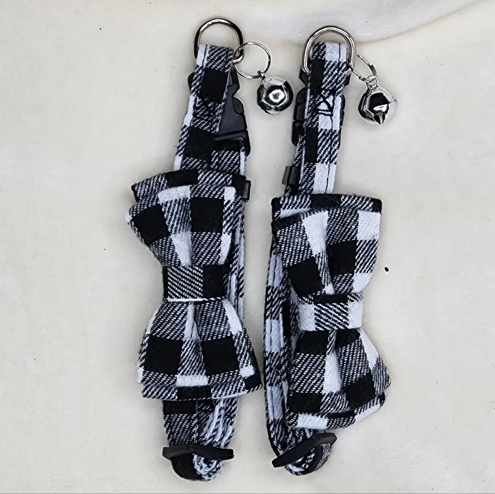 Plaid Black and White Cat Collar with Bell